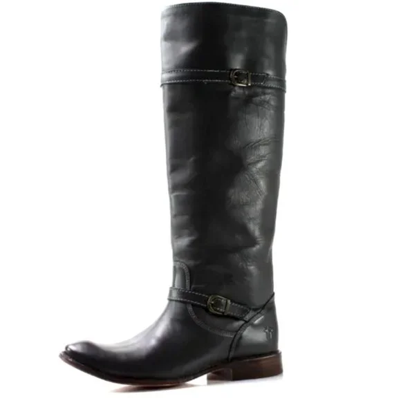 Frye Tall Black Leather Shirley Riding Boots- Size 6.5 - Picture 3 of 12